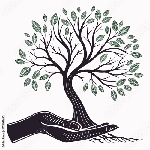 Hand holding a tree with leaves, representing growth and environmental care