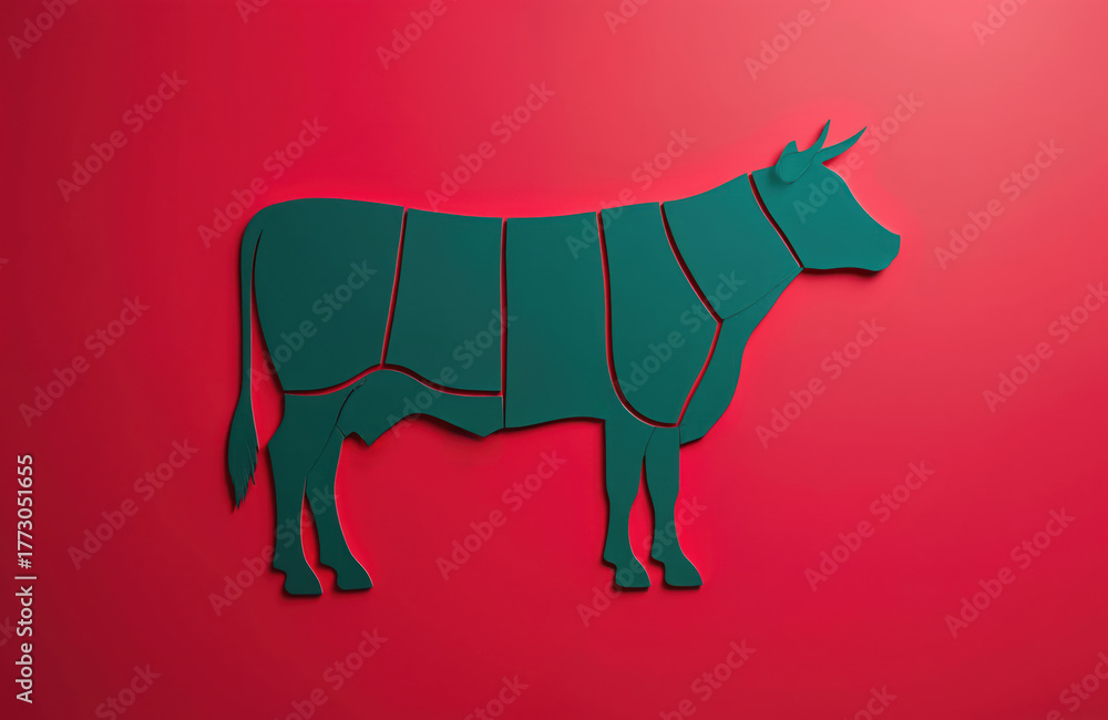 Fototapeta premium Modern dark green cow silhouette paper art shows beef cutting diagram on vibrant red background. Graphic visualizes different meat cuts from cattle animal. Provides simple guide for butchery, food