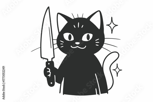 Minimal funny illustration of a black cat holding a knife. Cute and mischievous vector art with clean lines, perfect for memes, stickers, or t-shirt design.