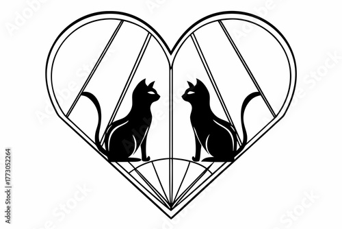 Minimalist vector illustration of two black cats sitting face to face inside a geometric heart. Elegant, romantic, and symbolic design perfect for tattoos, logos, and prints.