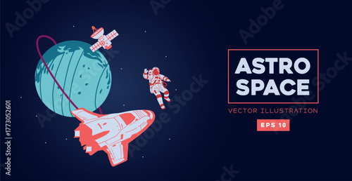 Astronauts and spaceship in futuristic colorful vector art style