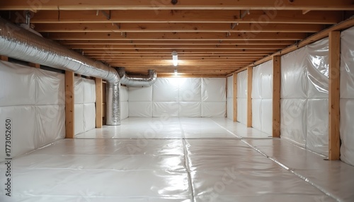 Fototapeta Naklejka Na Ścianę i Meble -  Clean unfinished crawl space under house foundation. Wooden floor joists, beams support structure. White vapor barrier covers walls, ground for moisture control. Metal ductwork runs along ceiling,