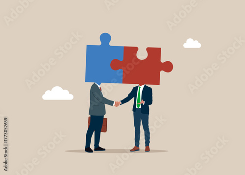 Teamwork is connected together as parts of the puzzle. Business merger and acquisition. End of negotiation, success. Vector flat illustration