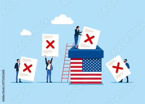 Against everyone, I vote for no one. United States of America. Paper ballots to ballot box and voters. Electronic voting system for elections. Flat vector illustration