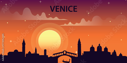 Stylized vector illustration of the silhouette of Venice against the backdrop of a bright sunset.