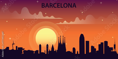 Stylized vector illustration of the silhouette of Barcelona against the backdrop of a bright sunset.