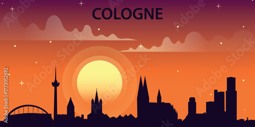 Stylized vector illustration of the silhouette of Cologne against the backdrop of a bright sunset.