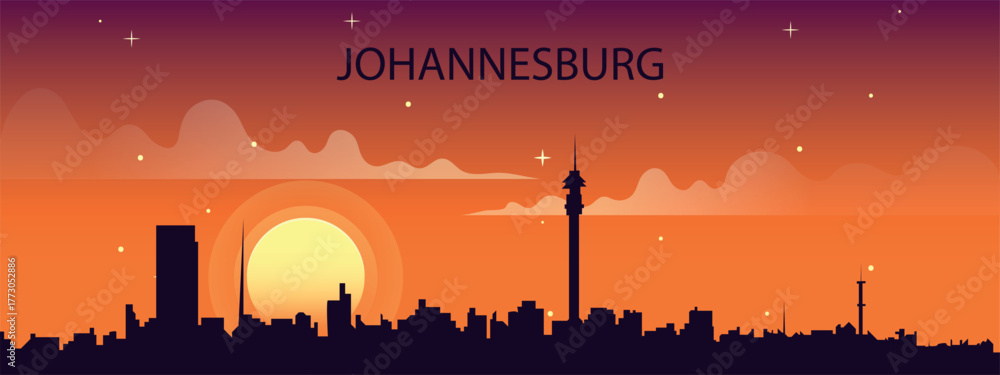 Naklejka premium Stylized illustration of the Johannesburg skyline against a bright sunset.