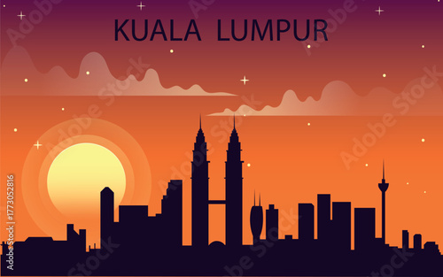 Canvas Print Stylized vector illustration of the Kuala Lumpur skyline against a bright sunset
