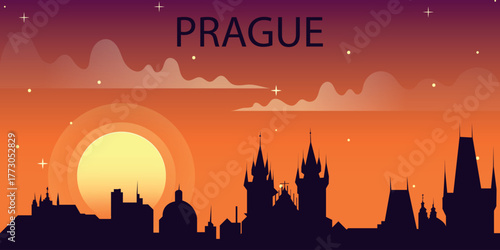 Stylized vector illustration of Prague's skyline against a bright sunset.