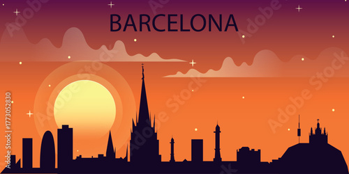 Stylized vector illustration of the silhouette of Barcelona against the backdrop of a bright sunset.
