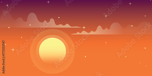 Minimalistic stylized illustration of the sunset over the horizon. Atmospheric vector graphics conveying the calm, warm, meditative atmosphere of the evening.
