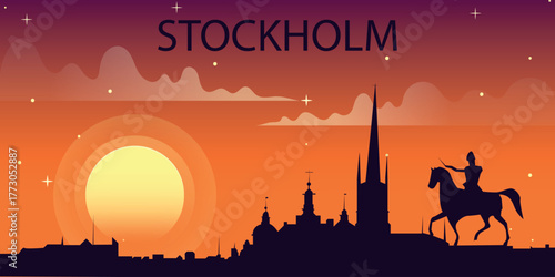 Stylized illustration of Stockholm's skyline against a bright sunset.