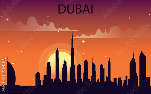 A tourist or promotional illustration highlighting Dubai's architectural landmarks against the backdrop of a dramatic sunset.