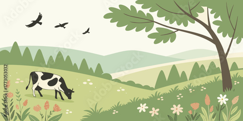 Green farm landscape with cows in the meadow under a summer sky featuring clouds and a distant tree