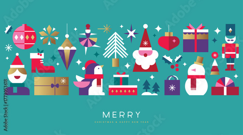 Merry Christmas and Happy New Year vector illustration for greeting cards, posters, holiday covers in modern minimalist geometric style.

