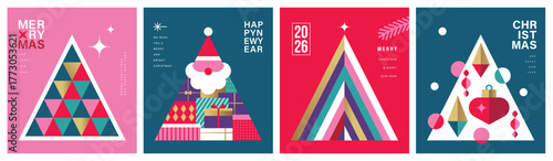 Set of Merry Christmas and Happy New Year vector illustration for greeting cards, posters, holiday covers in modern minimalist geometric style.
