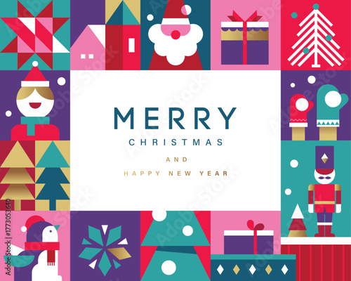 Merry Christmas, Season's Greeting and Happy New Year vector illustration for greeting cards, posters, holiday cover in modern minimalist geometric style.

