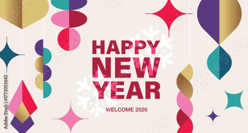 Merry Christmas, Season's Greeting and Happy New Year 2026 vector illustration for greeting cards, posters, holiday cover in modern minimalist geometric style.
