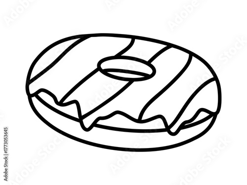Hand drawn cute outline illustration of sweet dessert donut. Flat vector dessert line art doodle. Sweet pastry. Unhealthy eating sticker, icon. Coffee break snack. Doughnut for breakfast. Isolated.
