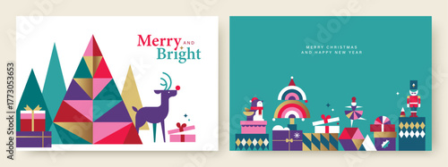 Set of Merry Christmas and Happy New Year vector illustration for greeting cards, posters, holiday covers in modern minimalist geometric style.
