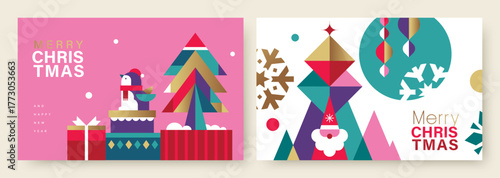 Set of Merry Christmas and Happy New Year vector illustration for greeting cards, posters, holiday covers in modern minimalist geometric style.
