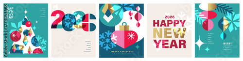 Set of Merry Christmas and Happy New Year 2026 vector illustration for greeting cards, posters, holiday covers in modern minimalist geometric style.
