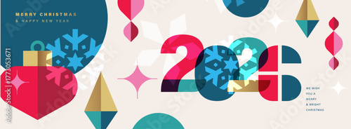 2026 Merry Christmas, Season's Greeting and Happy New Year vector illustration for greeting cards, posters, holiday cover in modern minimalist geometric style.

