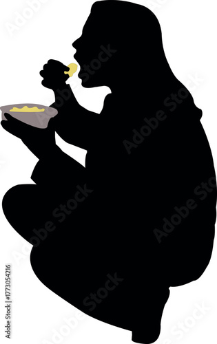 a girl sittign and eating food, silhouette vector