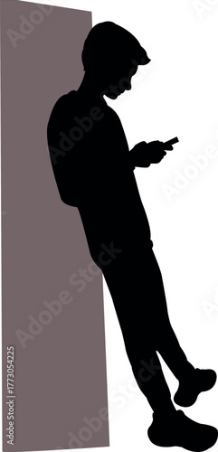 a boy leaning the wall and using smarth phone, silhouette vector