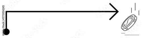 Bold arrow with a right-angled turn heading toward a coin, symbolizing financial growth, success direction. Ideal for business, strategy, finance, investment, leadership career simplicity. Clean