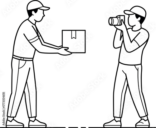 Delivery person hands a package to a person taking a photo of the parcel.