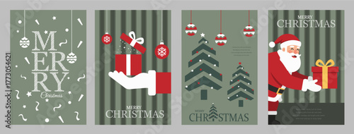 Modern Flat Christmas Poster Collection — Santa, Gift Box, Christmas Tree Vector Set, Fully editable vector file suitable for professional designers and easy customization for holiday projects.
