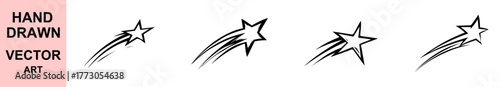 Hand drawn shooting star vector illustration with dynamic lines, minimalist black and white sketch style, celestial motion concept, creative abstract comet star artwork design