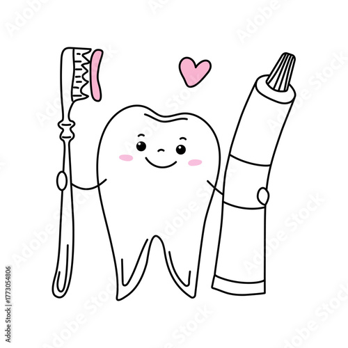 Cartoon tooth holding a toothbrush and a tube of toothpaste. Dentistry, teeth cleaning. Healthy, happy, white tooth. Protection from germs and cavities. Drawing, doodle. Heart. Oral hygiene.