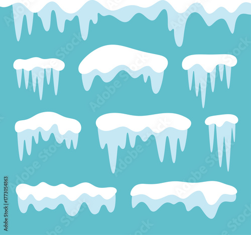 A collection of illustrated icicles and snowdrifts on a blue background.