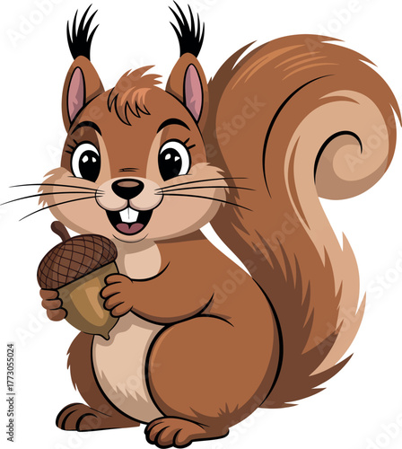 A cute cartoon squirrel is holding a brown acorn in its paws