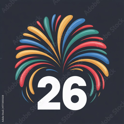 Vibrant colorful fireworks explode around the number twenty six celebration
