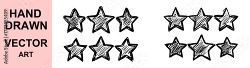 Hand drawn sketch star vector set, doodle rating stars, black and white outlined illustration, textured vintage ink, handmade grunge design for creative projects
