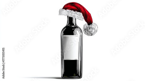 Bottle of red wine wearing a festive Santa hat, showcasing a playful holiday spirit, with a blank label for customization, perfect for seasonal celebrations and Christmas-themed events