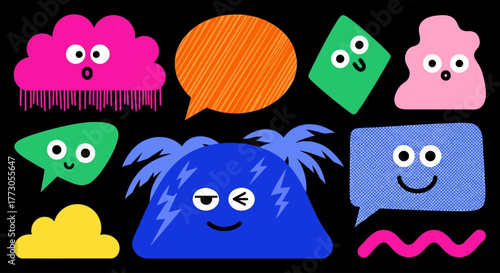 Collection of cute and funny cartoon monster characters, a colorful set of abstract speech bubbles with faces for online communication