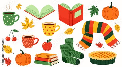 Cozy autumn hygge collection with cute fall season elements like books, warm drinks, pumpkins, and leaves. Vector clip art set