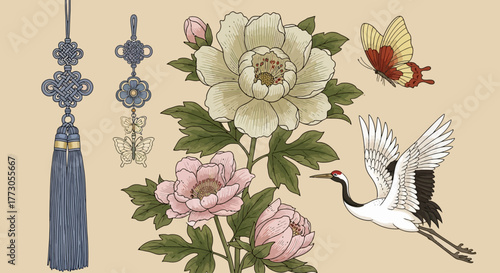 A beautifully detailed collection of traditional Asian motifs featuring peony flowers, a red-crowned crane, butterflies, and intricate decorative knots
