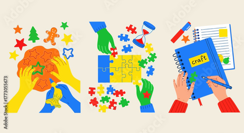 Set of flat vector illustrations showing hands engaged in creative hobbies like baking, puzzle solving, and scrapbooking