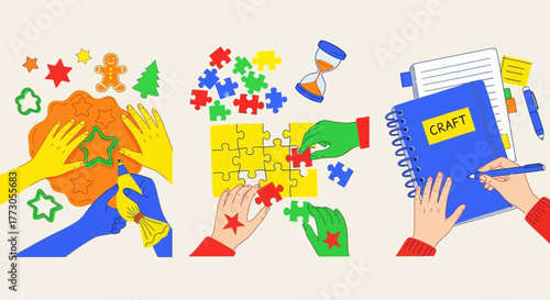 A colorful collection of illustrations depicting various creative hobbies and hands-on activities like baking, solving puzzles, and crafting