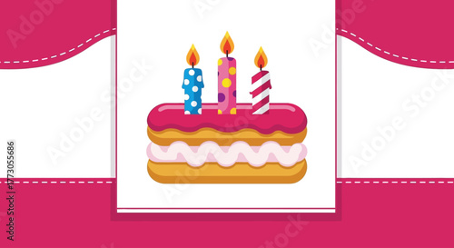 A vibrant illustration of a celebratory birthday cake with three lit candles, perfect for party invitations and greeting card designs