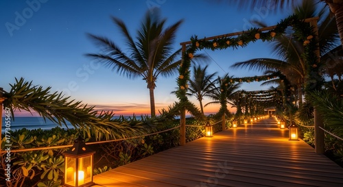 An enchanting wooden boardwalk illuminated by warm lanterns, leading through a tropical paradise of palm trees towards the ocean at sunset