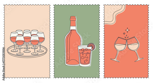Elegant minimalist line art collection showing a rosé wine celebration with a serving tray, bottle, and clinking glasses