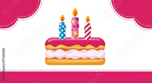 Vector illustration of a delicious birthday cake with three lit candles. Festive greeting card design element for a celebration or party invitation