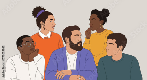 A diverse group of colleagues engaged in a thoughtful conversation, representing teamwork and inclusive collaboration in a modern workplace